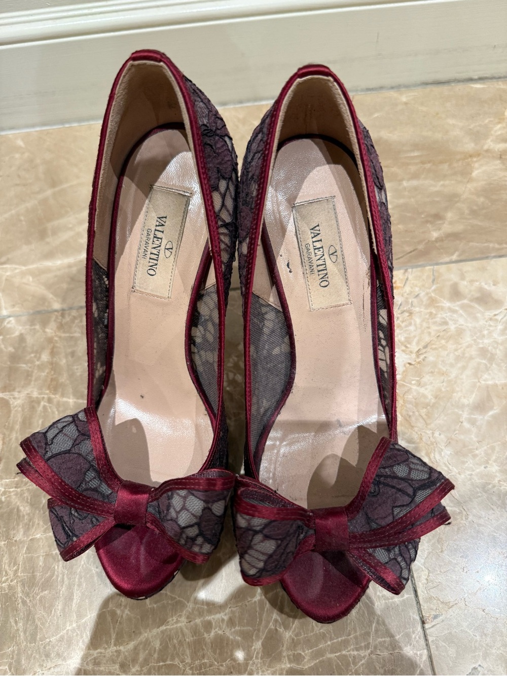 Valentino Burgundy and Black Lace Peep-Toe Bow Pumps - Picture 5 of 8